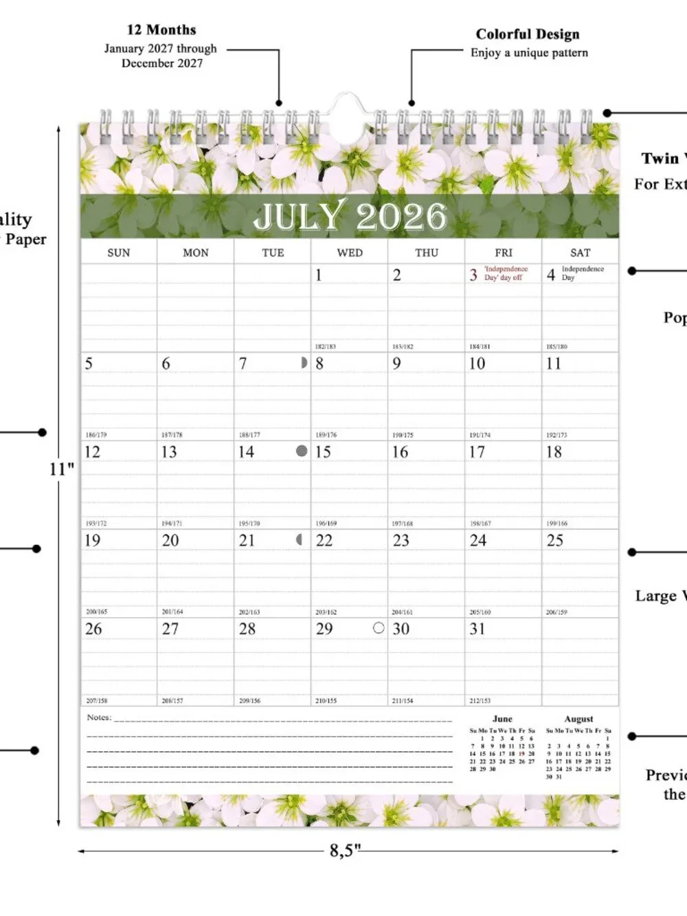2026-2027 Wall Calendar Spiral-bound Twin-Wire Binding - 18 Months 8.5
